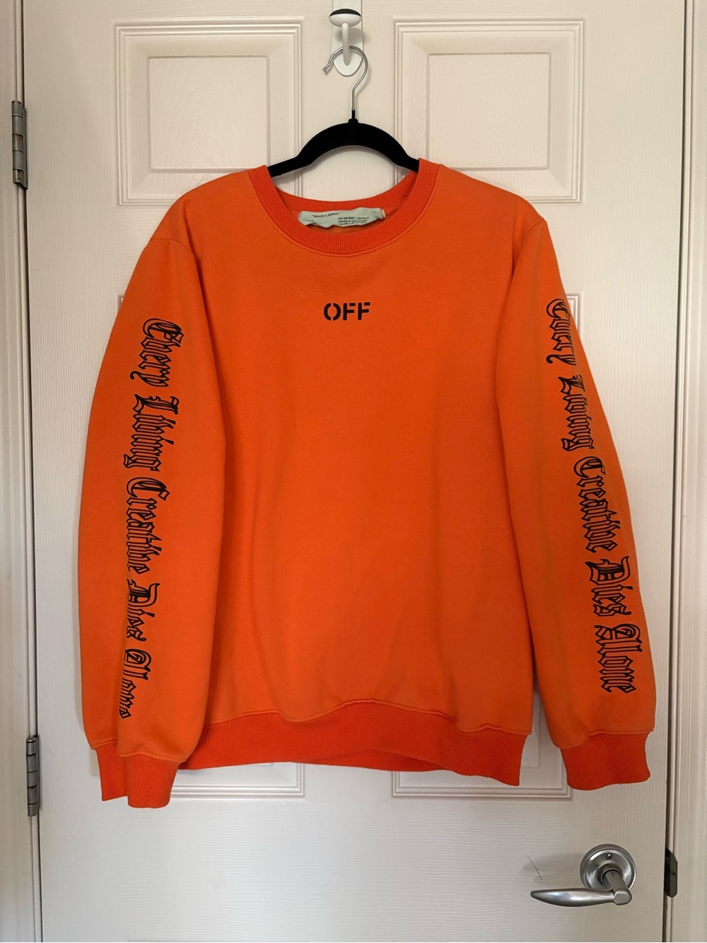 Off-White Orange Crewneck Sweatshirt with Black Sleeve Script